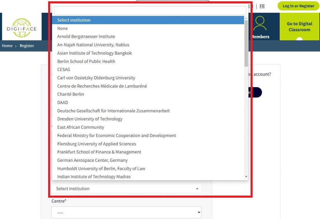 Shows the drop down box for selecting an institute