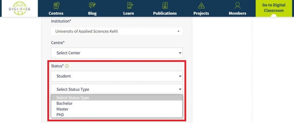 Shows drop down box with Student types.