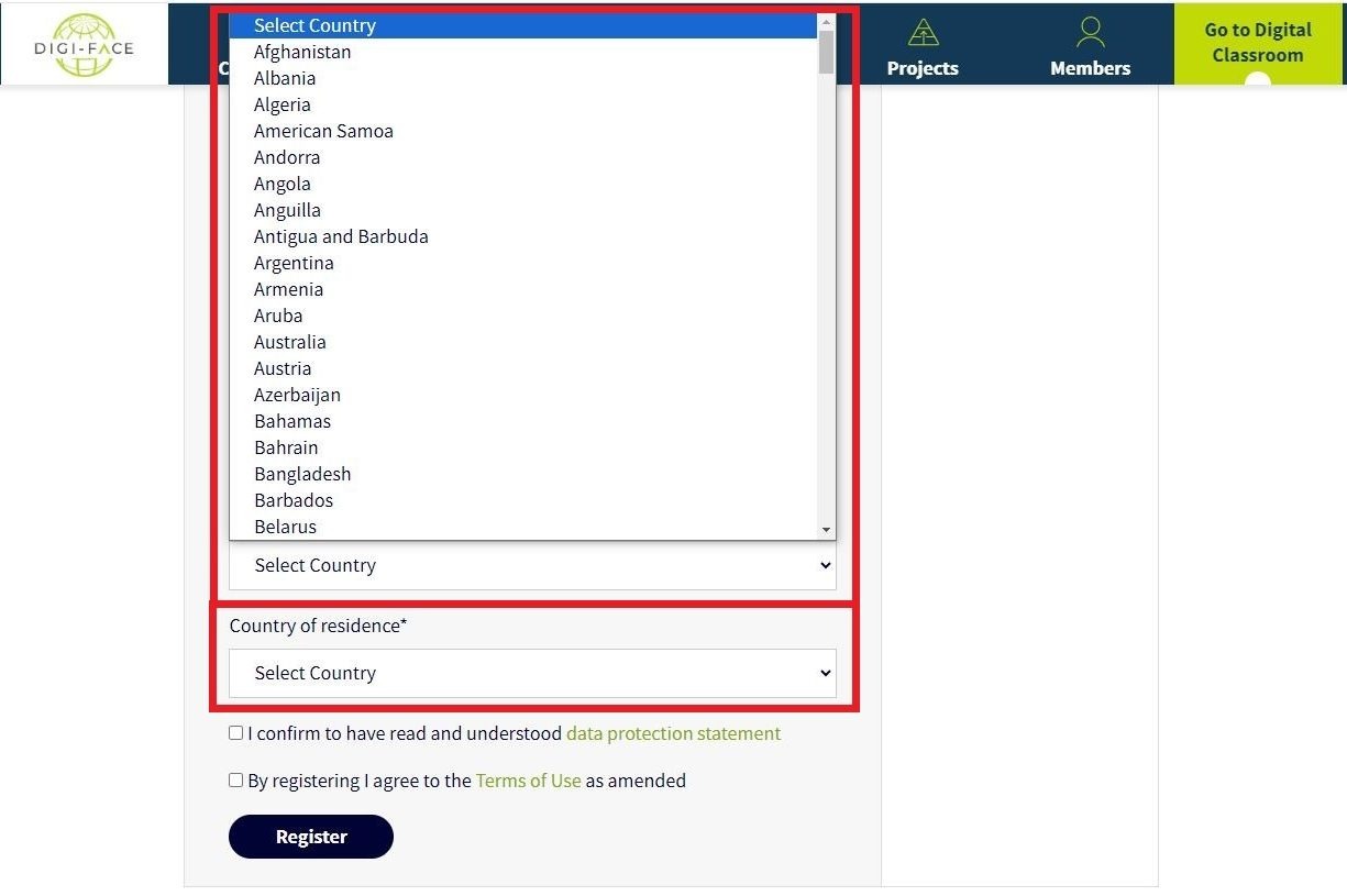 Indicates drop down box with options for Countries